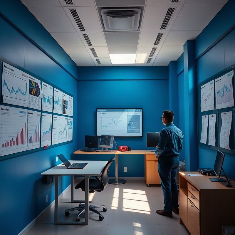 Interior da redação da Lumenymint com gráficos econômicos afixados e dois jornalistas em conversa